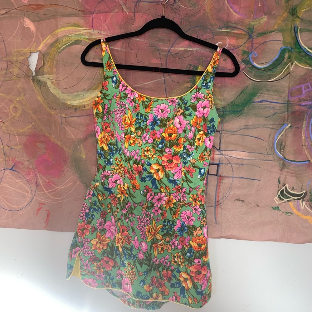 Floral Green Vintage Atkins romper play suit shorts with skirt